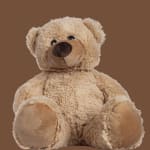 Plush teddy bear sitting against a plain brown background