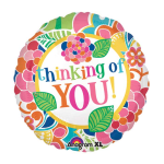 Round foil balloon with colorful floral pattern and "thinking of YOU!" text