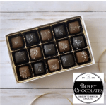 Box of assorted chocolates with a Burry Chocolates logo
