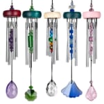 Five hanging crystal wind chimes with colored beads and teardrop pendants