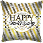 Square foil balloon reading Happy Anniversary in gold, black, and white