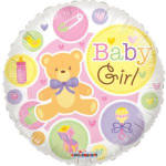 Round baby girl balloon with teddy bear and pastel icons