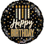 Round black birthday balloon with gold "Happy Birthday" text