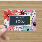 Hand holding a floral $50 gift card