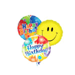 Three birthday balloons, including a smiley face balloon and two "Happy Birthday" balloons