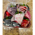 Chocolate-covered strawberries in a clear plastic container