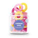 Jar of colorful sugar-coated gummy lemonade ring candies