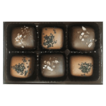 Box of six square chocolates with assorted toppings