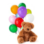 Teddy bear with a cluster of colorful balloons