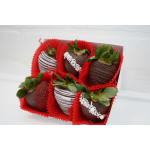 Box of chocolate-covered strawberries in red paper cups