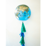 Globe-themed balloon with "Best Mom in the World" text and tassels