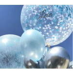 Cluster of blue and silver balloons, including one confetti balloon with the name Leon