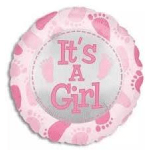 Pink balloon with baby footprints and the words It's A Girl