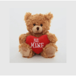 Teddy bear holding a red heart with "BE MINE" text