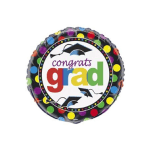 Round graduation balloon with colorful polka dots and "congrats grad" text