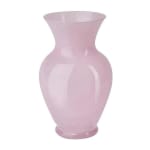 Pink glass vase with a flared rim and rounded body