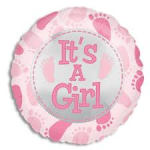 Pink round balloon with "It's A Girl" text and baby footprints