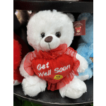 White teddy bear holding a red heart with "Get Well Soon" text