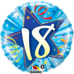 Blue foil balloon with the number 18 and confetti stars