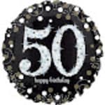 Black and gold "50" balloon with a decorative border