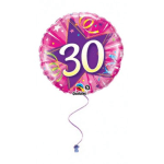 Pink birthday balloon with the number 30 and a curling ribbon