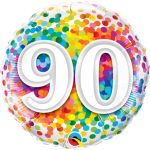 Round balloon with a large white "90" and multicolored confetti dots