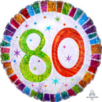 Round foil balloon with a colorful "80" design
