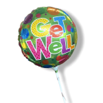 Round foil balloon reading "Get Well" in bright colors