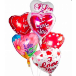 Cluster of heart-shaped love-themed balloons in red, pink, and white