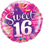 Pink foil balloon with the words "Sweet 16"