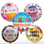 Five colorful birthday balloons with "Happy Birthday" text