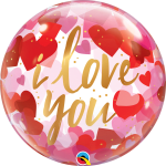 Round pink balloon with hearts and the words "I love you"