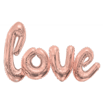 Rose gold balloon letters spelling "love" on a white background