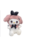 Pink and white plush character with a black bow