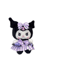Black-and-white plush character with a purple striped dress and bow