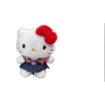 Hello Kitty plush toy in a denim dress and red bow