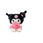 Black and white character plush holding a pink heart pillow and wearing a pink skirt with rose accents