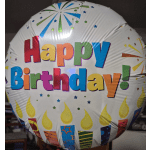 Round birthday balloon with colorful "Happy Birthday!" text