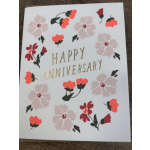 Happy anniversary greeting card with pink and red floral illustrations and gold lettering