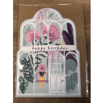 Happy birthday greeting card with greenhouse and woman on a swing illustration