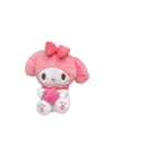 Pink plush bunny character with a bow and white face