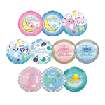 Assorted baby shower foil balloons in pink, blue, and teal