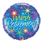 Round balloon with "Happy Retirement" text and colorful starbursts