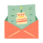 Illustration of a birthday cake in an open envelope