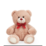 Plush teddy bear with a red bow on a white background