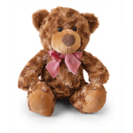 Brown teddy bear with a pink checkered bow