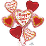 Heart-shaped Valentine’s Day balloons in red, pink, and gold