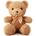 Brown teddy bear with a satin bow on a white background