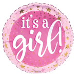 Round pink balloon with the words "it’s a girl!" and gold stars