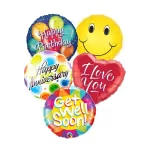 Cluster of colorful birthday balloons with smiley and heart shapes